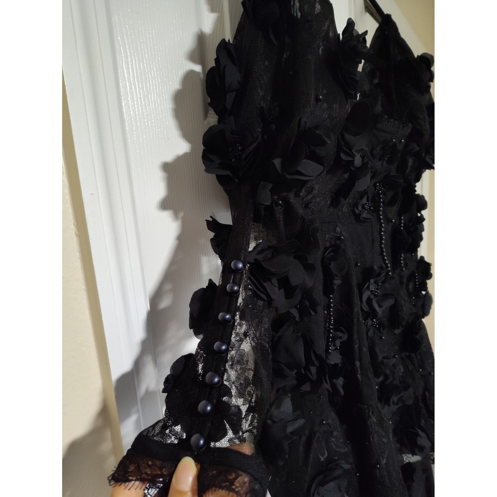 ASOS LUXE 3D Floral Beaded Black Off The Shoulder Puff Sleeve Mini Dress NWT - Picture 9 of 13